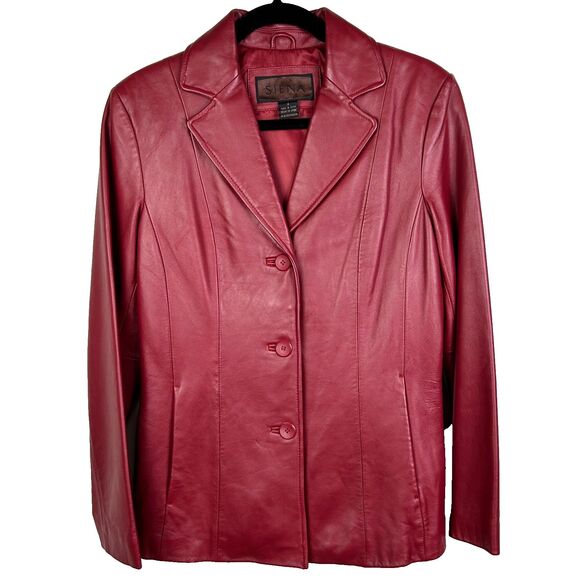Siena Vintage 90's Red Leather Blazer Button Front Collared Lined Jacket Retro 4 - Picture 1 of 16
